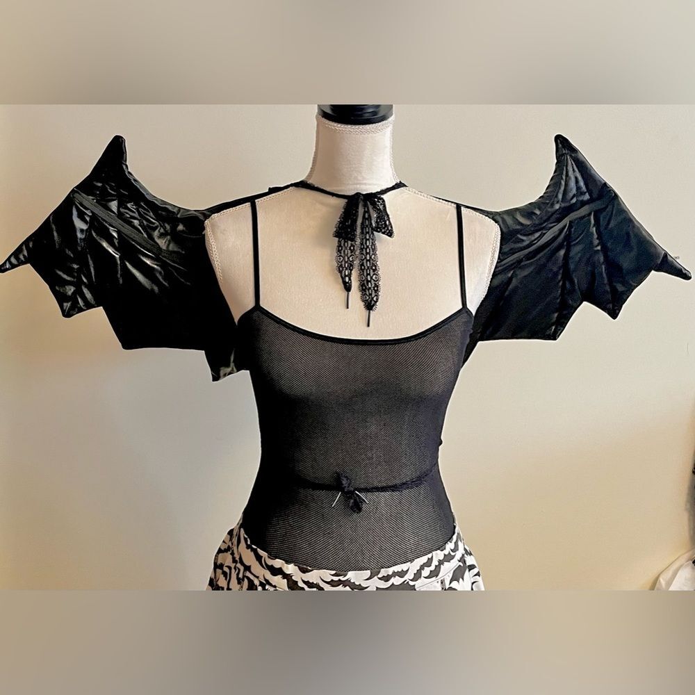 Vintage Y2K Super Low Fat Vinyl Bat Wings Halloween Costume with Lace Ties